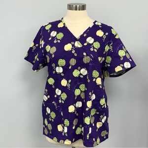 NWOT SB Scrubs Cottagecore Scrub Top Purple With Apple Print Mock Wrap Cotton